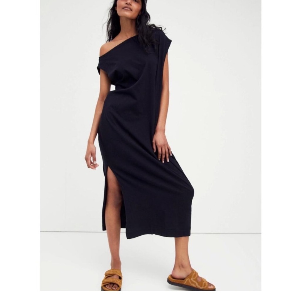 Free People Beach Black Midi Dress Sleeveless Side Slit Boat Neck XS OB1290234
